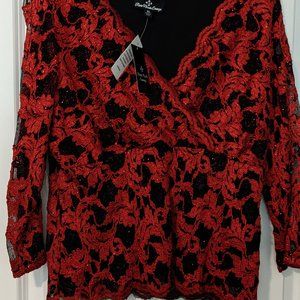 NWT Ronnie Nicole Evenings Red and Black Shimmer Shirt Size XL